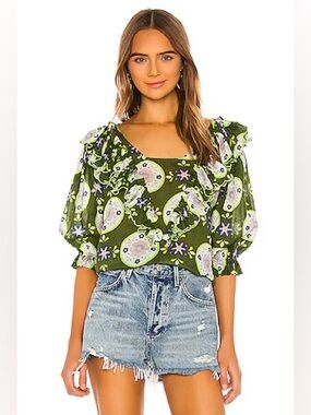 INNIKA CHOO Floral Green Ramie Puff Sleeve Blouse Size Medium